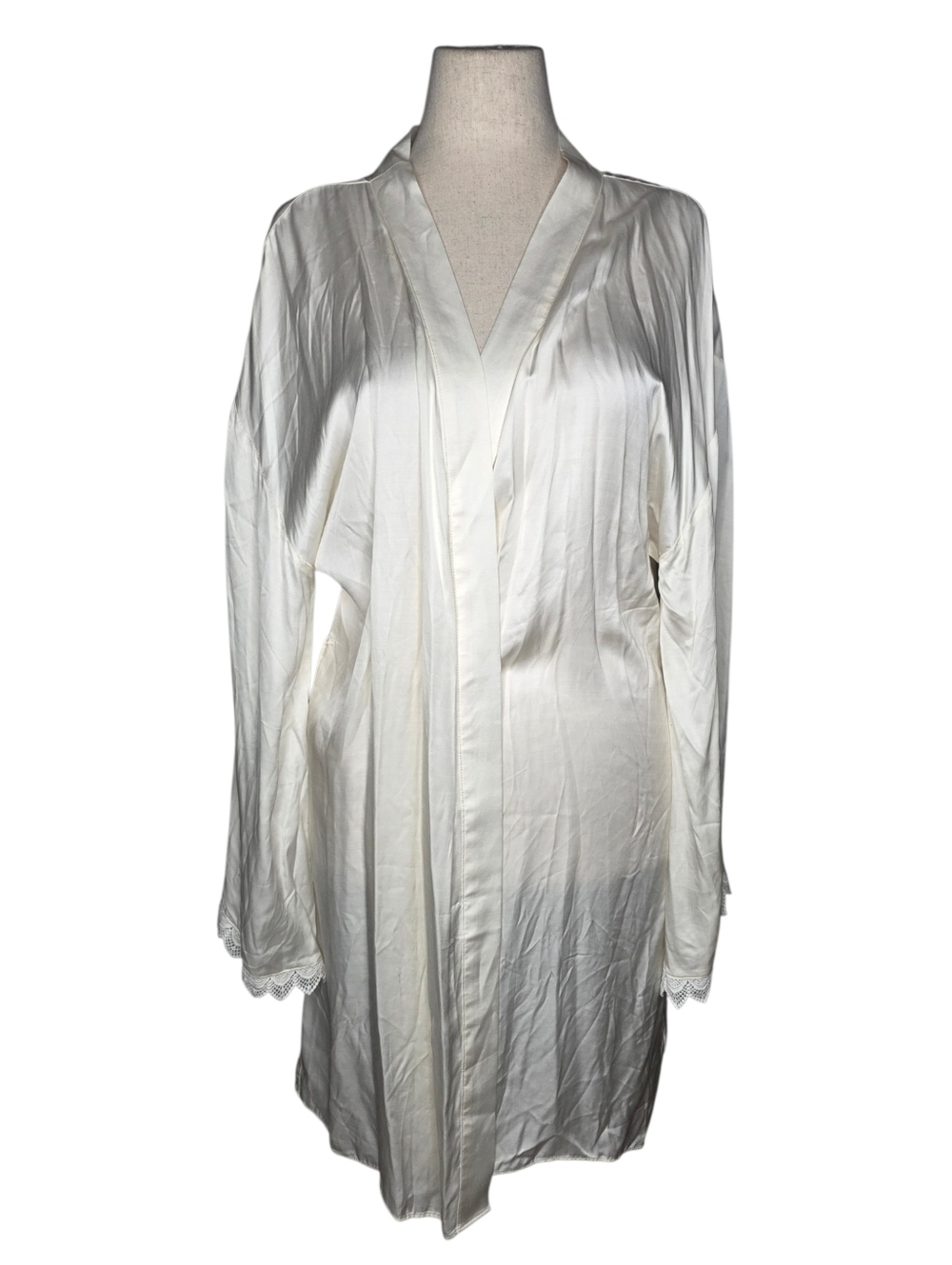 BHLDN Anthropologie Ivory Satin Lace Trim Robe Bridal L Large